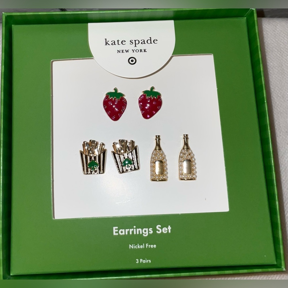 KATE SPADE STUD MIXED EARRING SET 3 PAIRS NEW YORK STRAWBERRY, FRIES & CHAMPAGNE